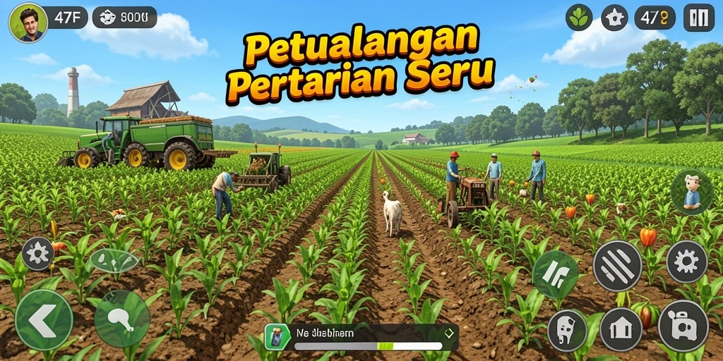 Screenshot menunjukkan gameplay menarik di ladang 47F dengan tanaman subur.