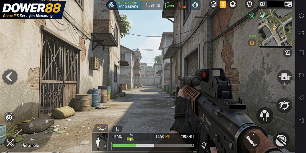 Screenshot gameplay DOWER88 menampilkan aksi pertempuran intens dalam FPS.