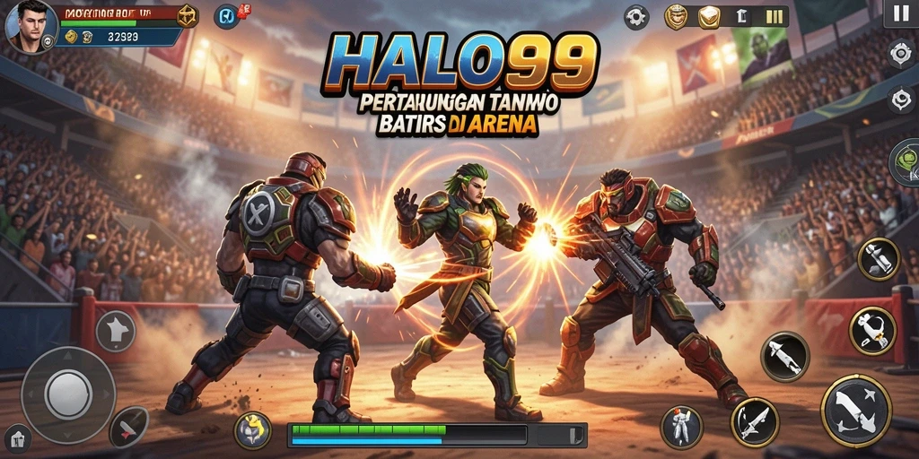 Tangkapan layar utama HALO99 menampilkan aksi pertarungan yang menegangkan.