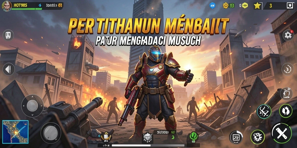 Tangkapan layar HOT985 menampilkan pertempuran seru dengan menara pertahanan yang strategis.