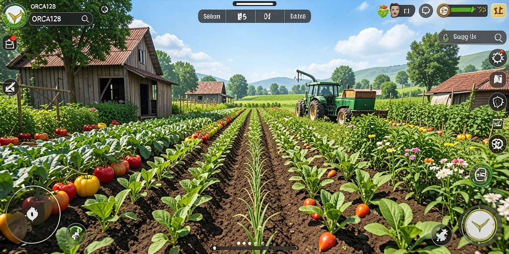 Screenshot gameplay <strong>ORCA128</strong> yang menunjukkan kebun yang indah dan beraneka tanaman.
