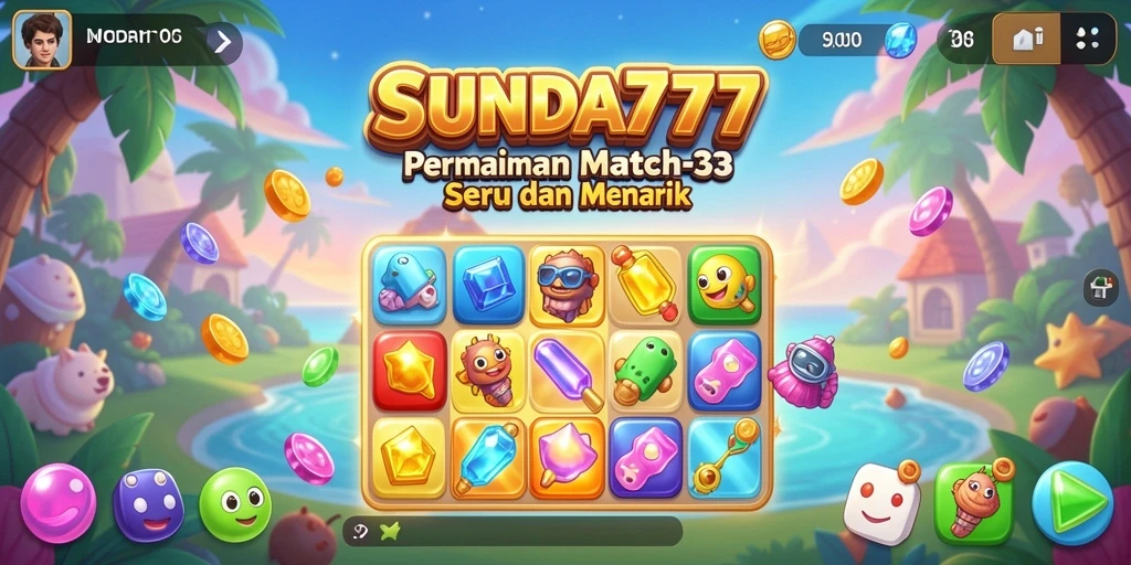 Tangkapan layar SUNDA777 menunjukkan gameplay Match-3 yang seru dan penuh warna.